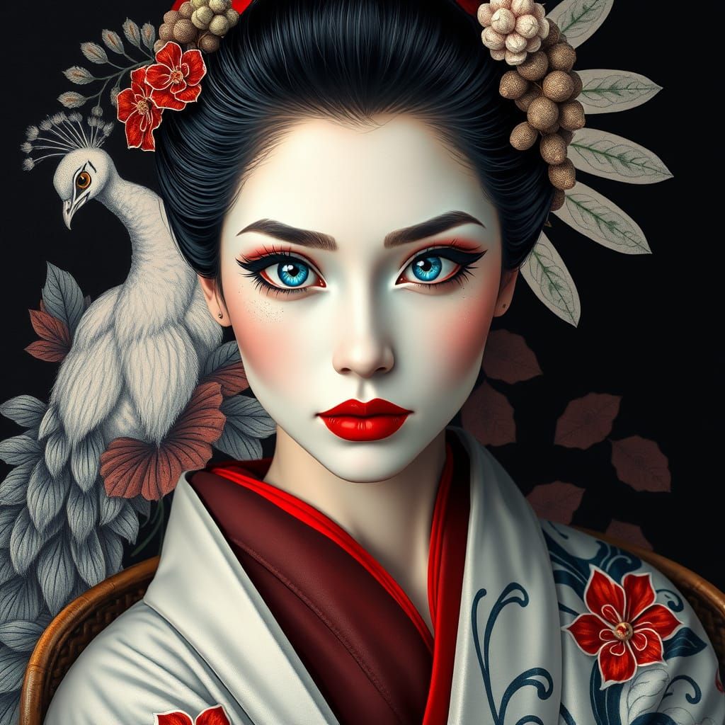Elegant Geisha Portrait with Peacock Drawing