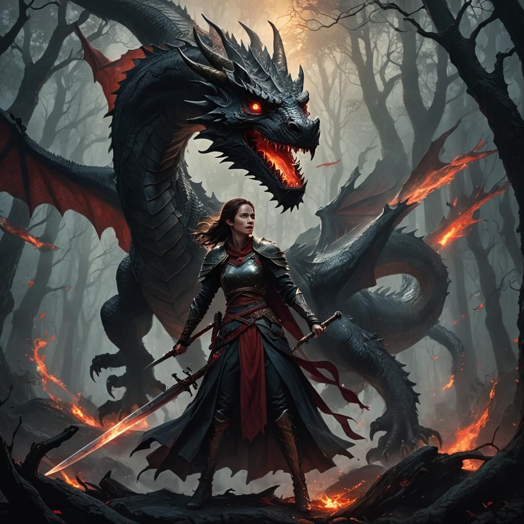 Woman Slaying Dragon in Dark Fantasy Forest