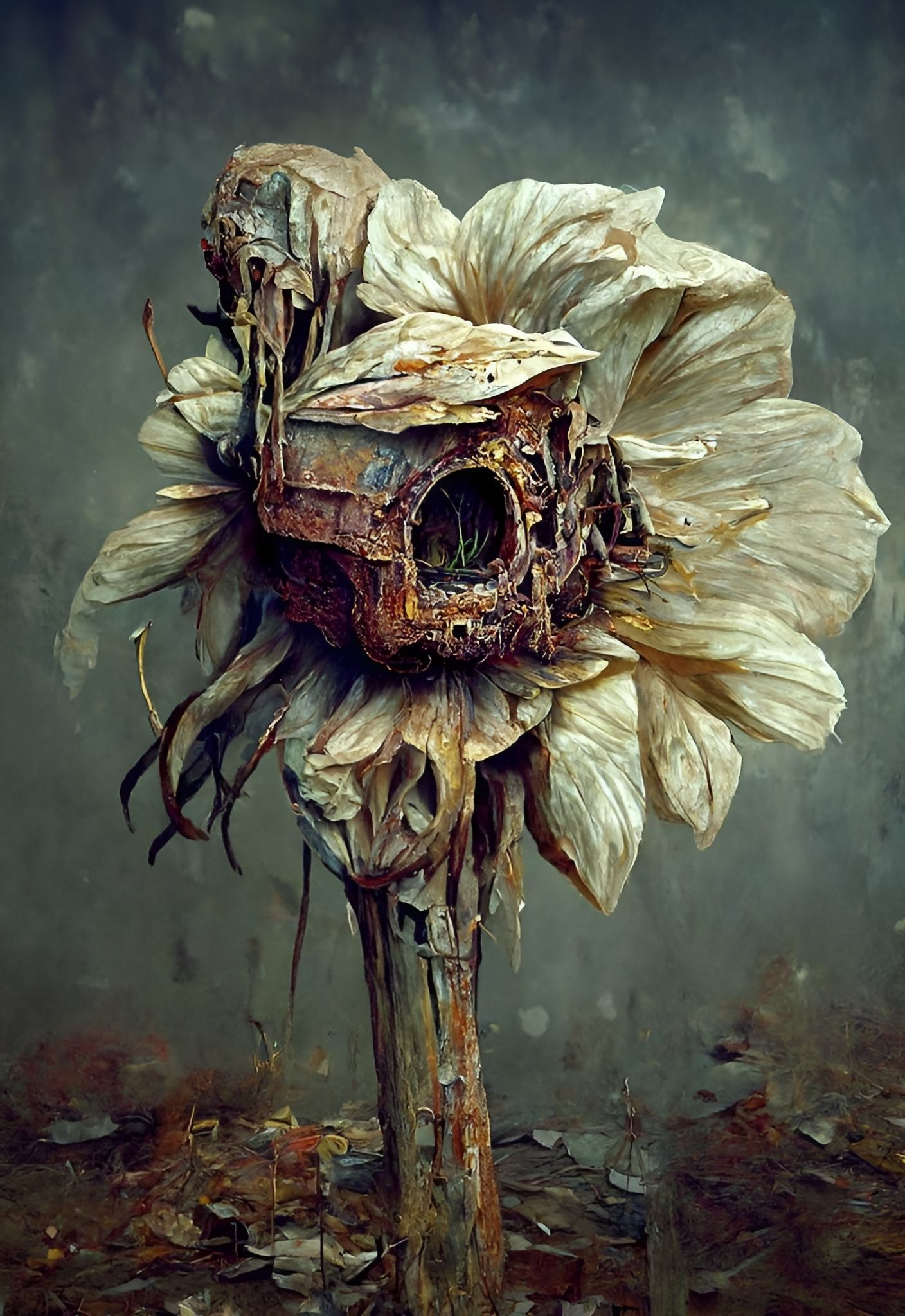 Creepy Dilapidated Flower Painting in Post-Apocalyptic Style