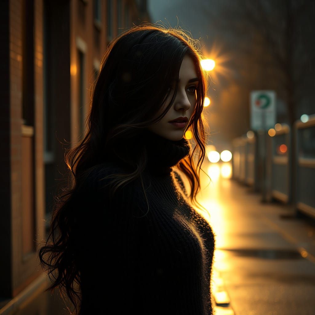 Ethereal Woman in Rainy Night Setting with Hyper-Realistic S...