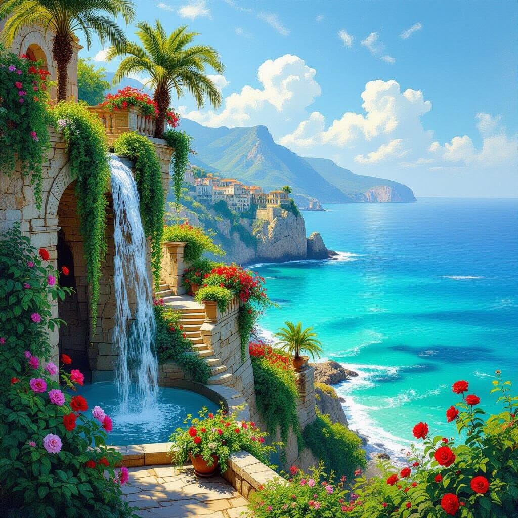 Lush Hanging Gardens by the Sea in Turner & Bierstadt Style