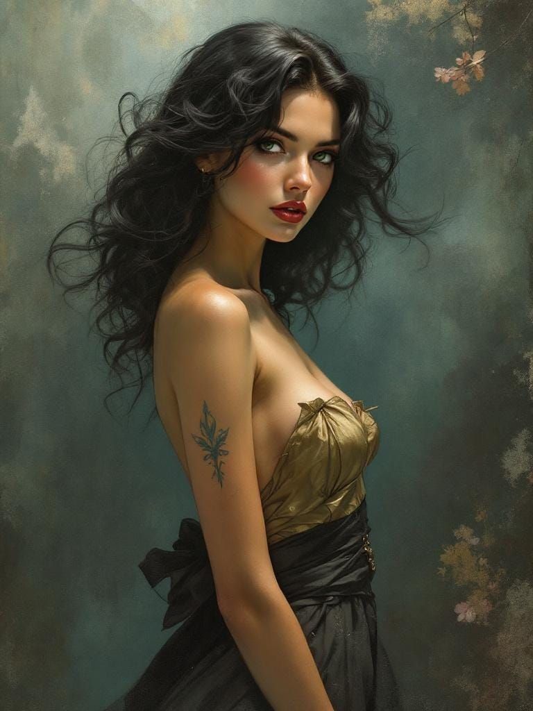 1950s Pin-Up in Alphonse Mucha and Waterhouse Style