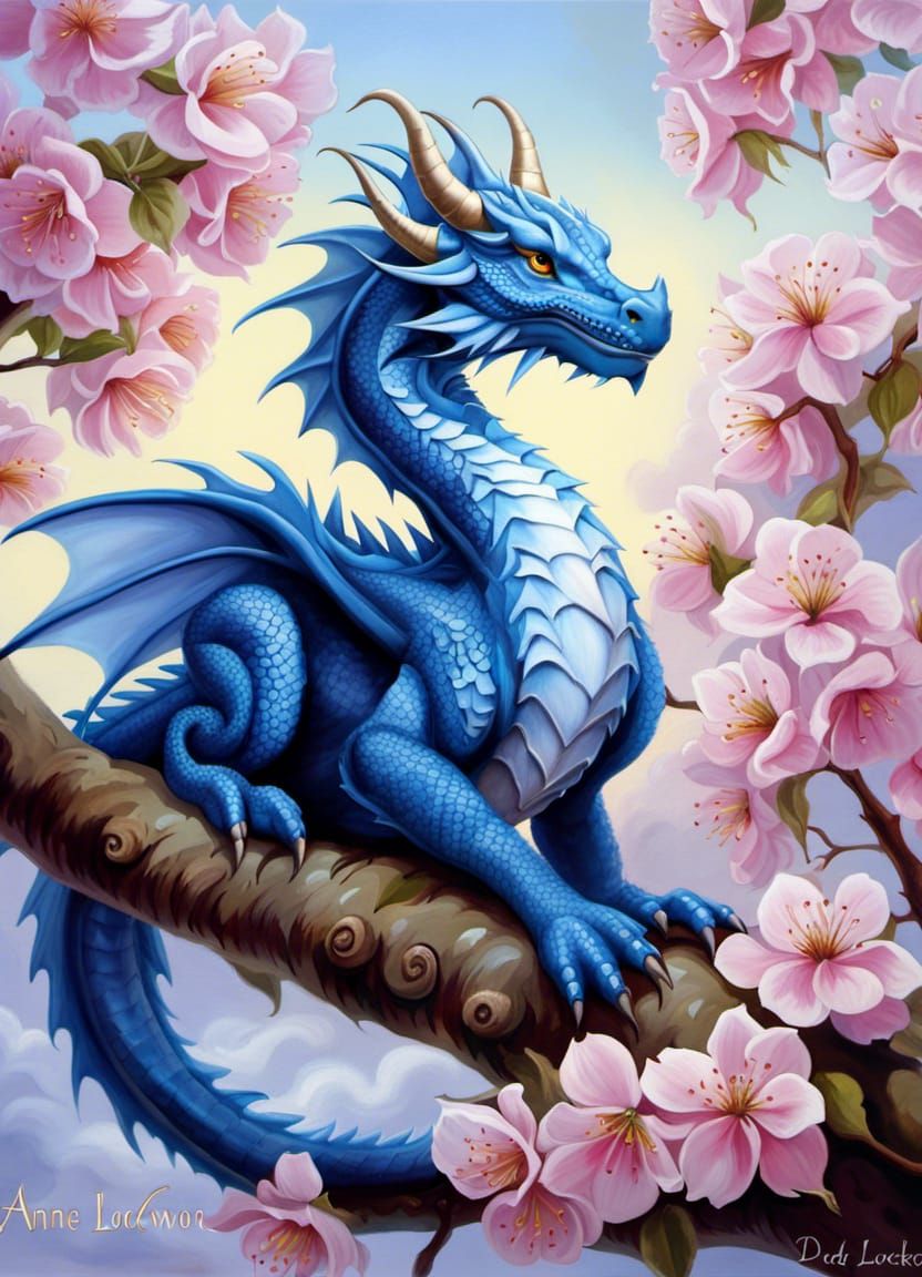 Whimsical Blue Dragon in Cherry Tree, Oil Painting