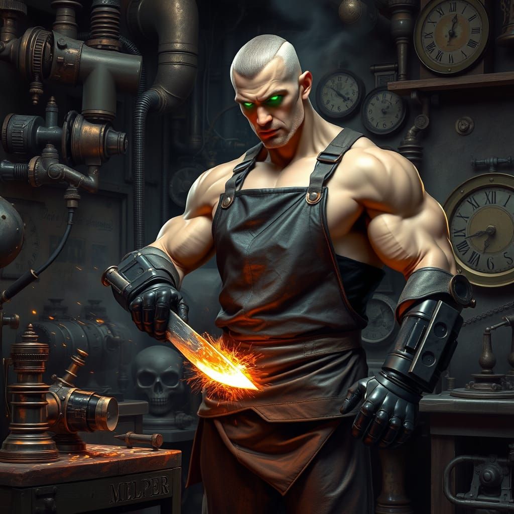 Cyborg Blacksmith in Workshop: Industrial Futurism Meets Vic...