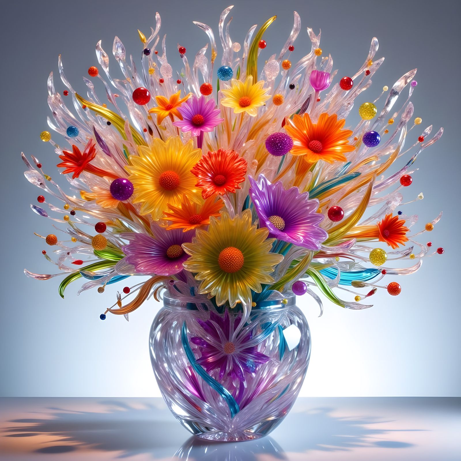 Colorful Blown Glass Vase and Flowers in Chihuly Style