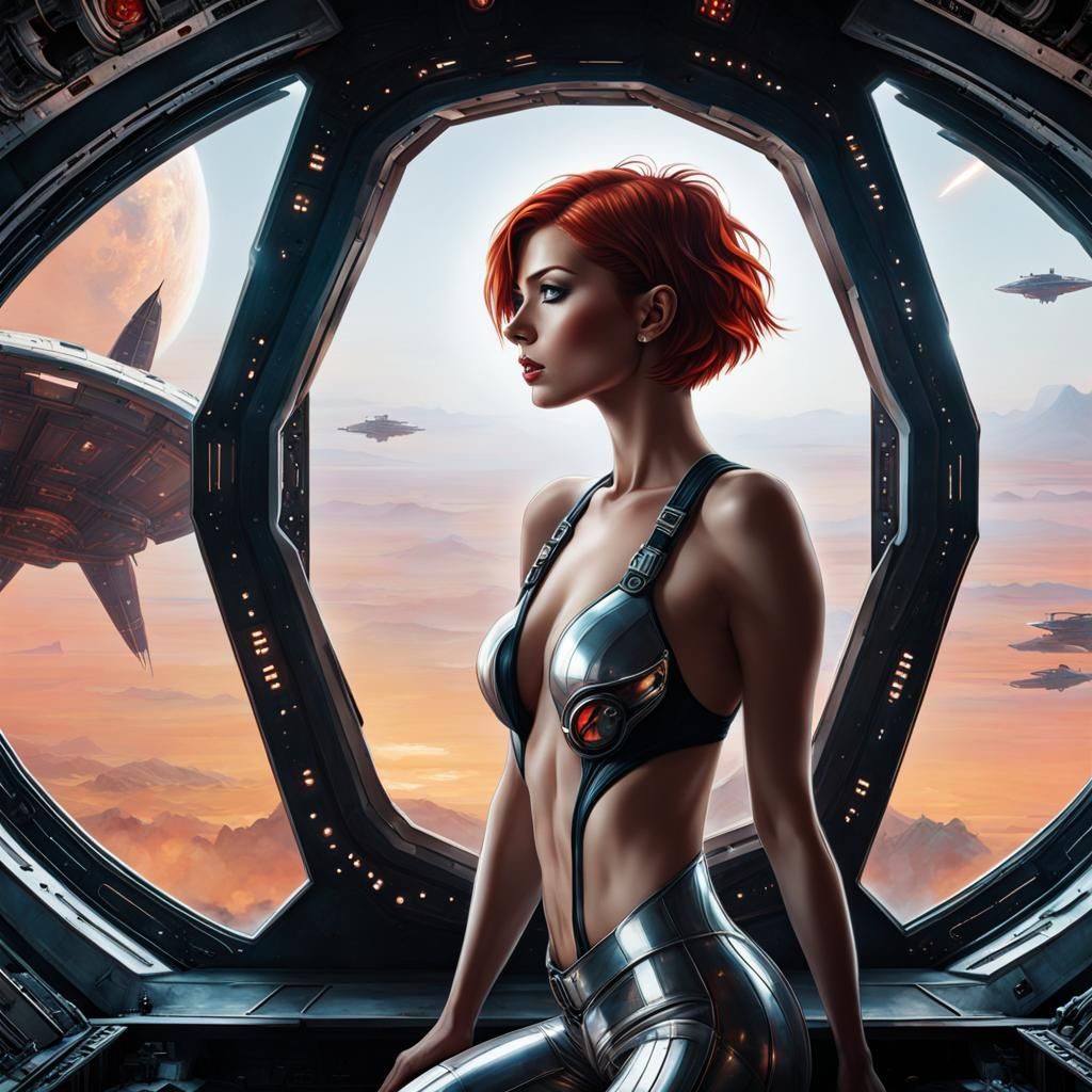 Redhead Pilot on Spaceship in Hyperrealism Style