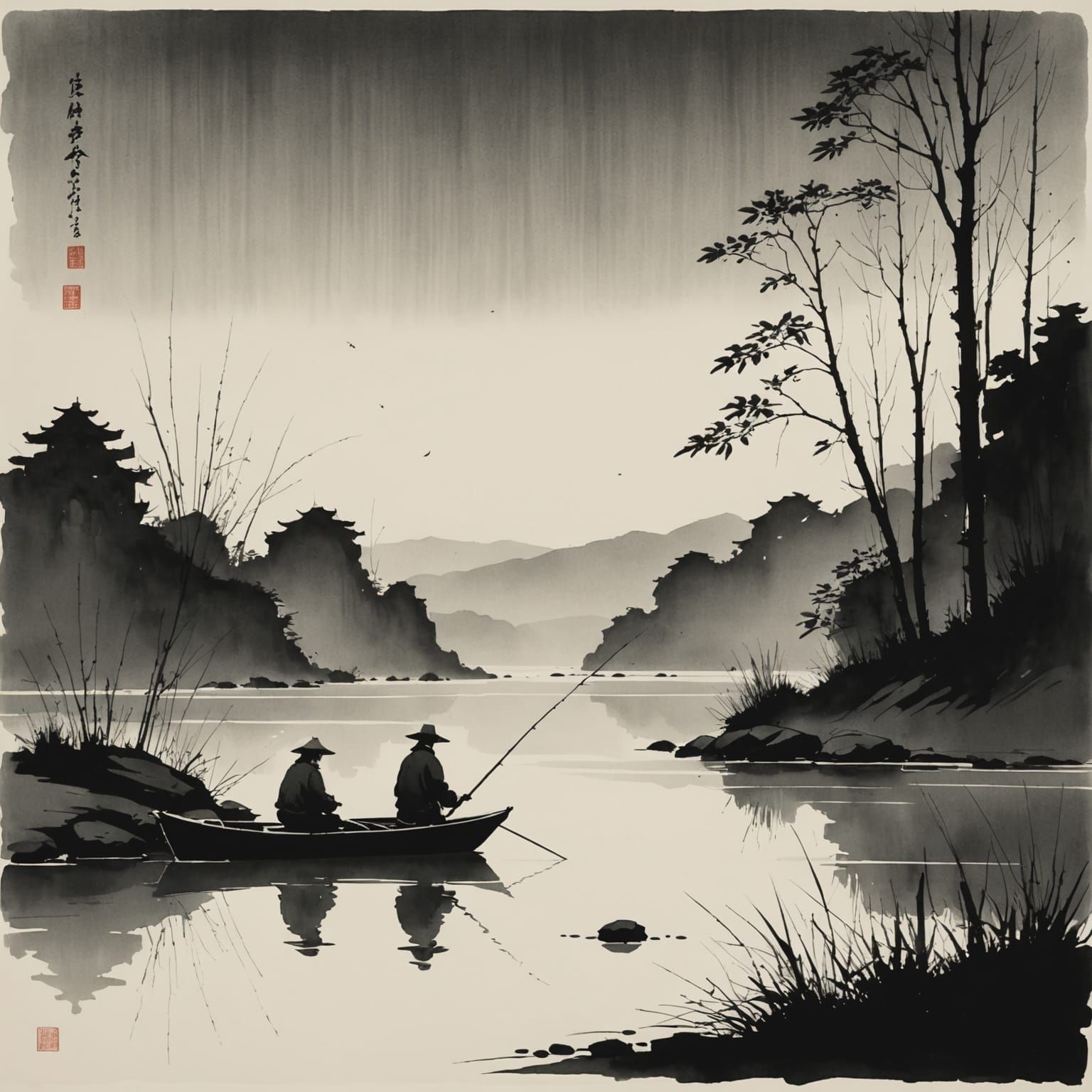 Serene Night Fishing in Minimalist Chinese Ink Style