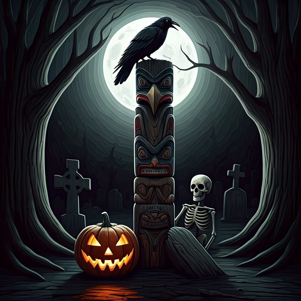 Graveyard Totem Pole with Jack-o-Lantern, as Woodcut