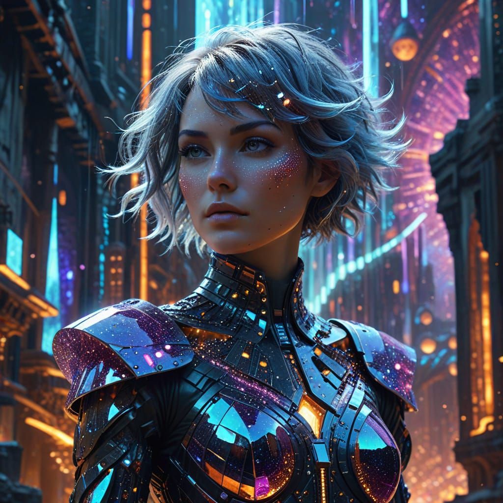 Surreal Clockwork Cityscape with Androgynous Figure in Iride...