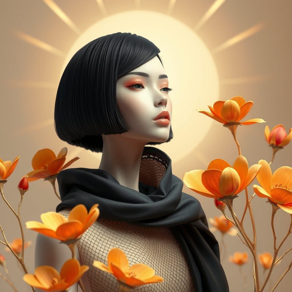 Elegant Futuristic Woman in a Whimsical Floral Landscape