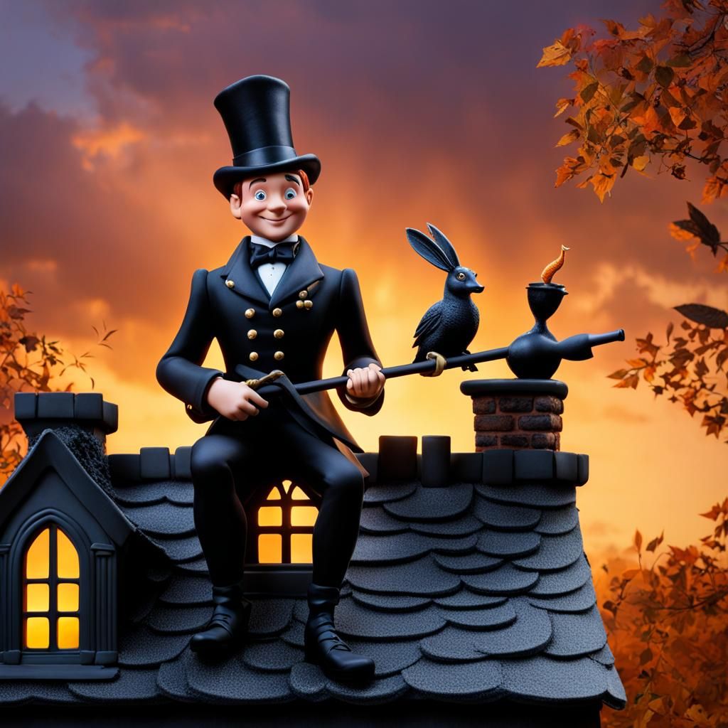 Richie Rich chimney sweep on the roof of a gothic victorian house, swamp background countryside, diorama Jane Eyre style...