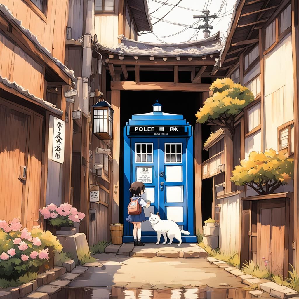 Girl and Cat Find TARDIS: Miyazaki Anime Style