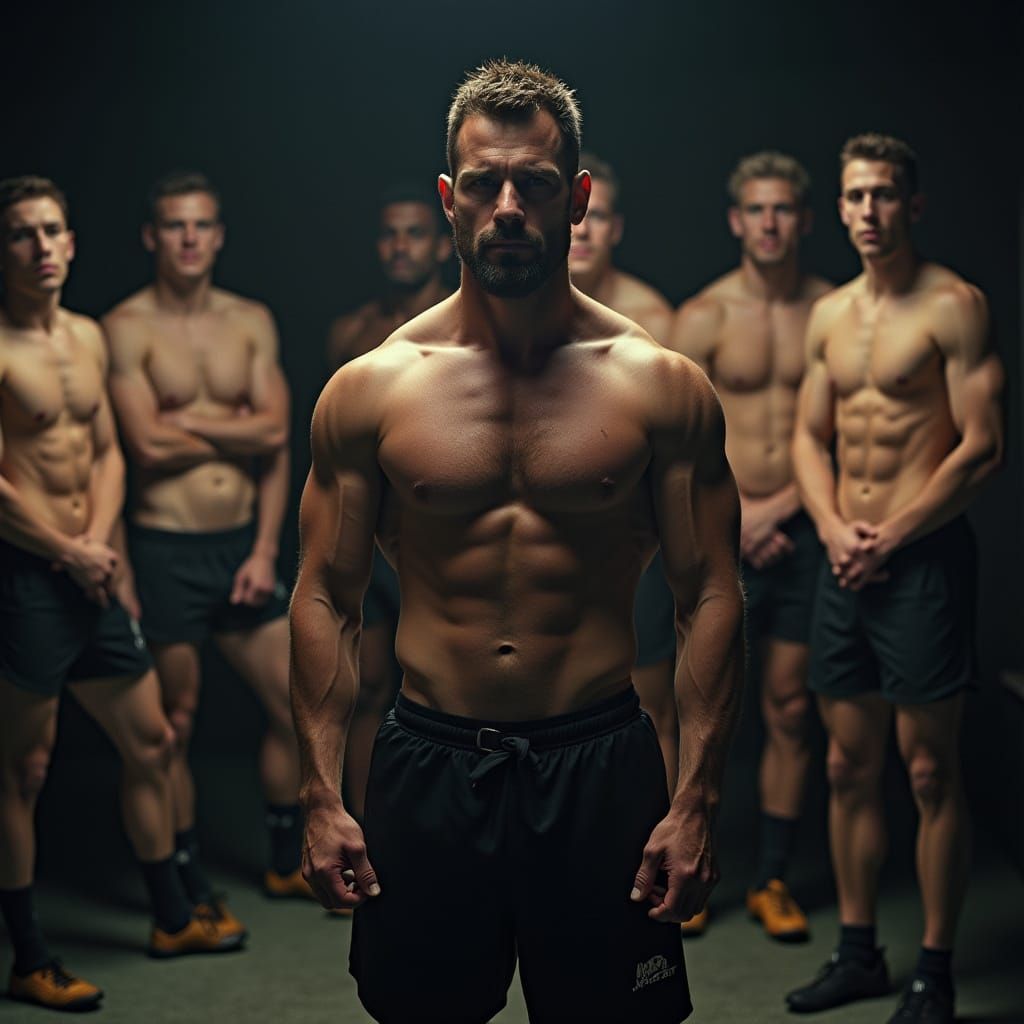 Muscular Coach and Rugby Team in Cinematic Film Still