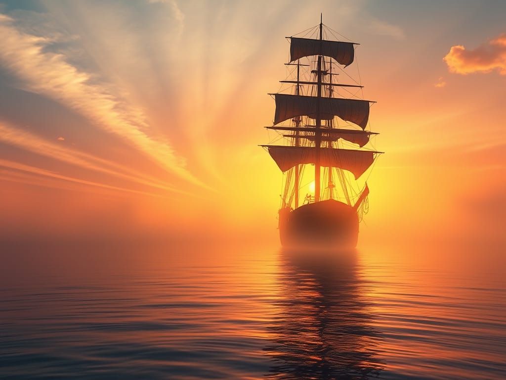 Ghostly Battleship Emerges from Mystical Sunrise Fog