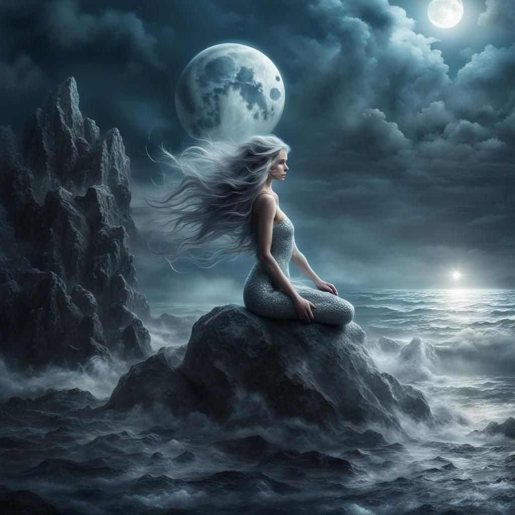 Moonlit Stone Mermaid with Silver Glitter