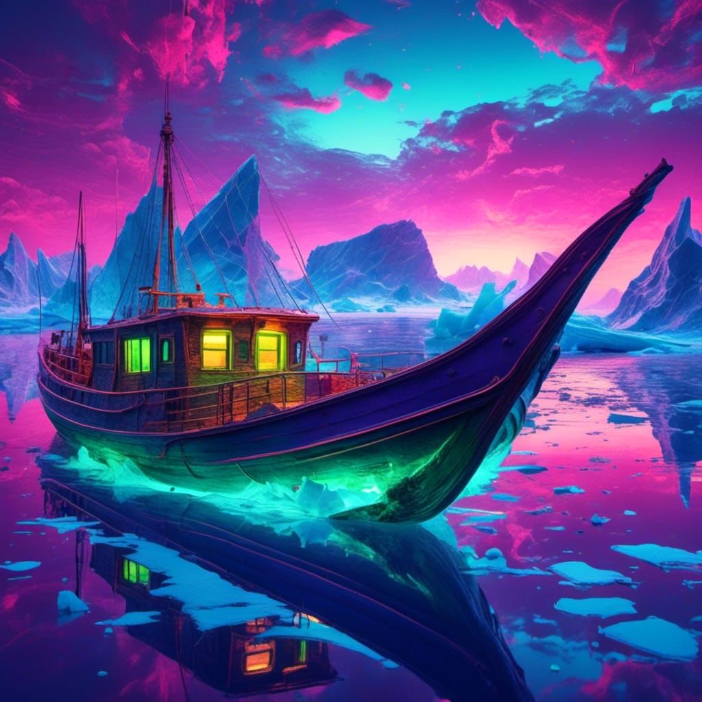 Green Allosaurus on Violet Sea with Icebergs