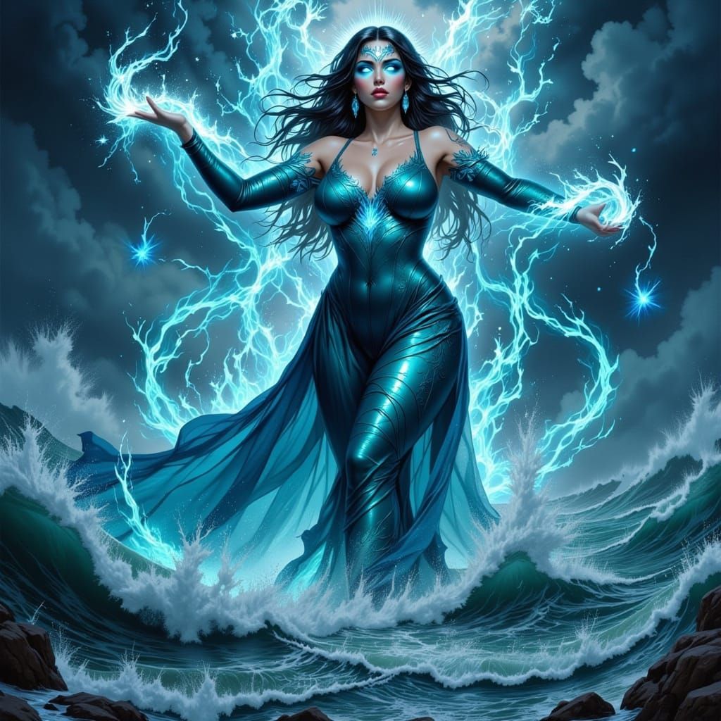 Curvy Sorceress Commands Stormy Ocean Waves