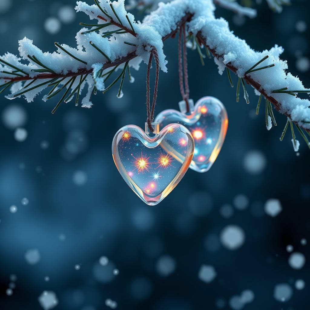 Glass Hearts on Snowy Branch in Digital Cosmic Art