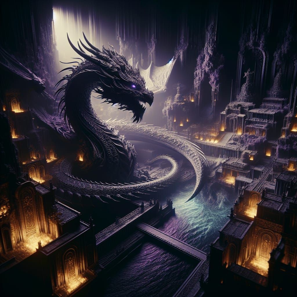 Ancient Dragon in Lost Village: Dark Fantasy Concept