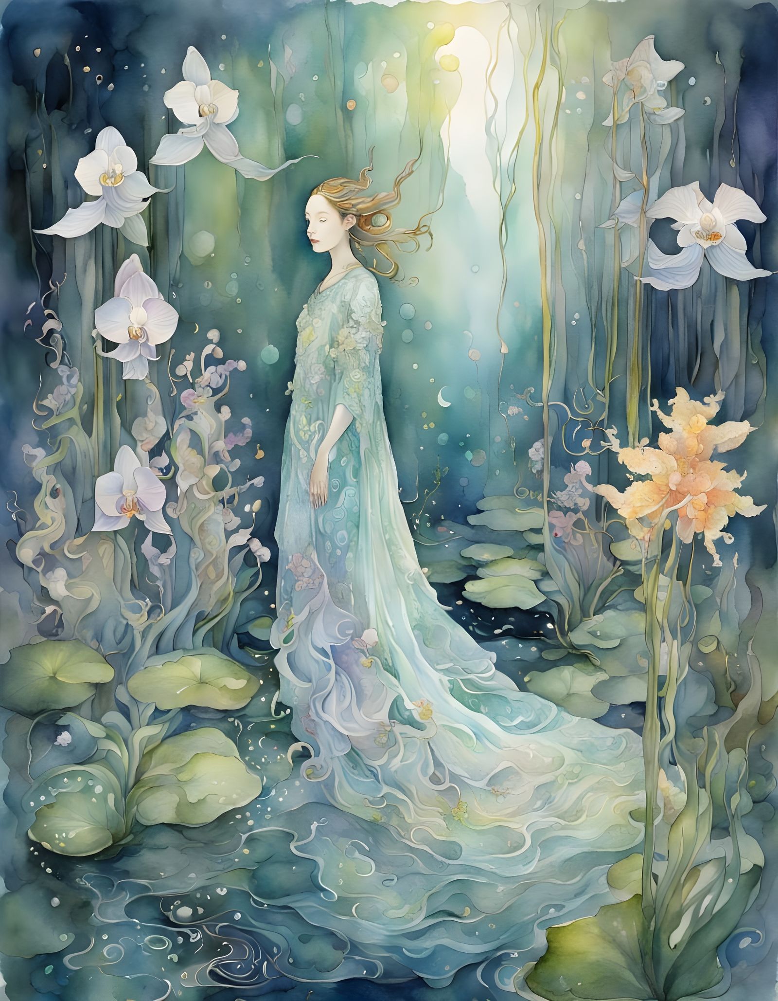 Ethereal Visiting Spirit in a Watercolor Orchid Grove