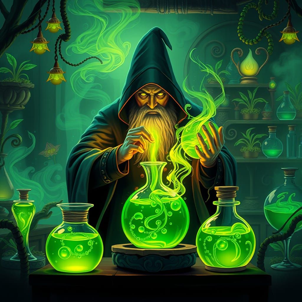 Enchanted Alchemist Brewing Potions in Magical Lab
