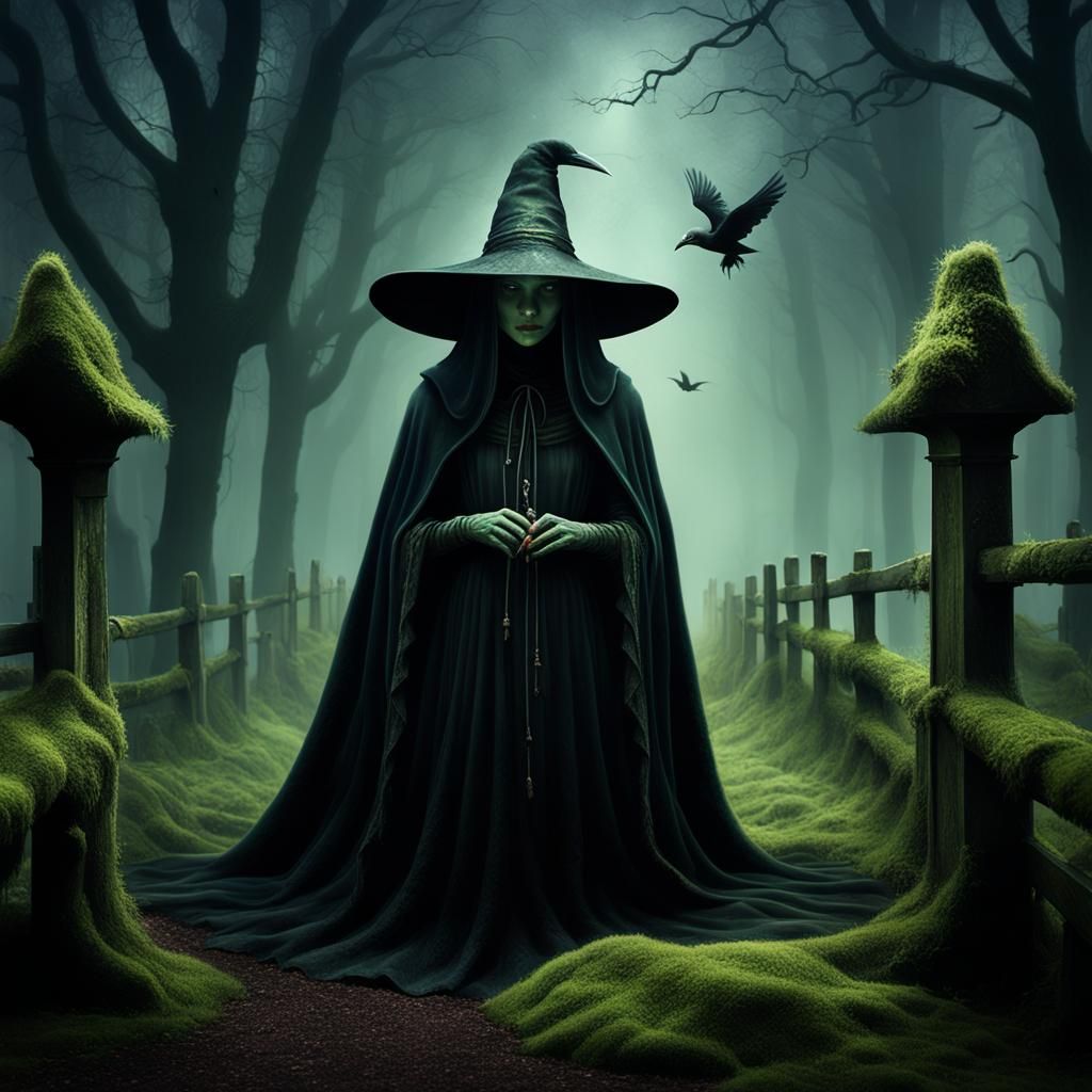 Mystical Witch Kissing Crow in Eerie Surrealism