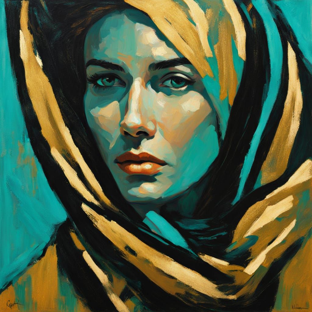 Post-Impressionist Portrait with Turquoise Scarf
