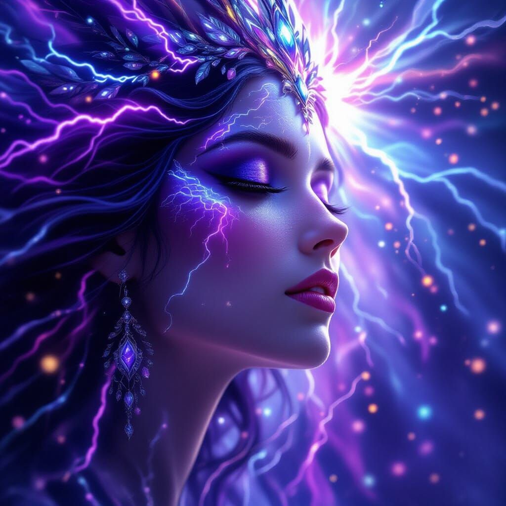 Radiant Goddess Face Dissolving in Digital Art