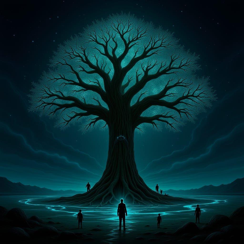 Ancient Bioluminescent Tree in Alien Landscape