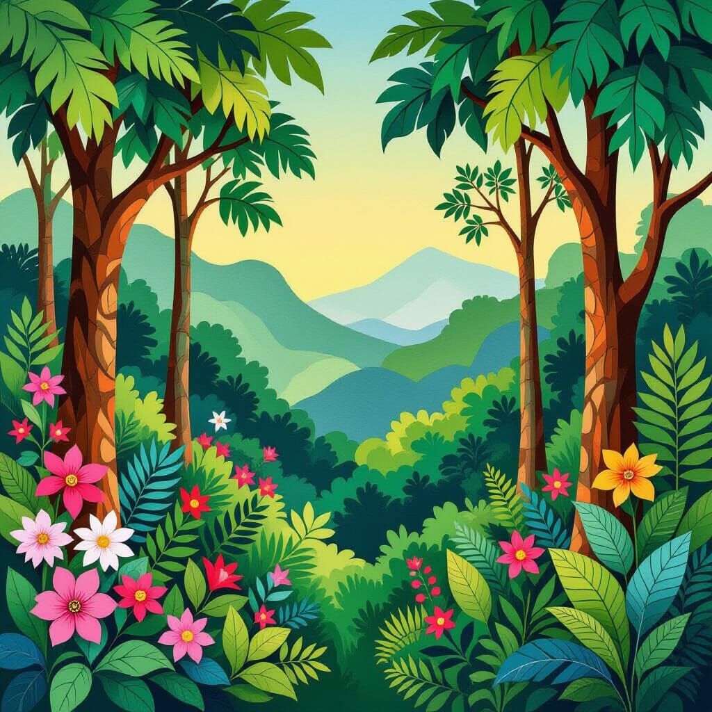 Lush Jungle Scene in Naive Art Style