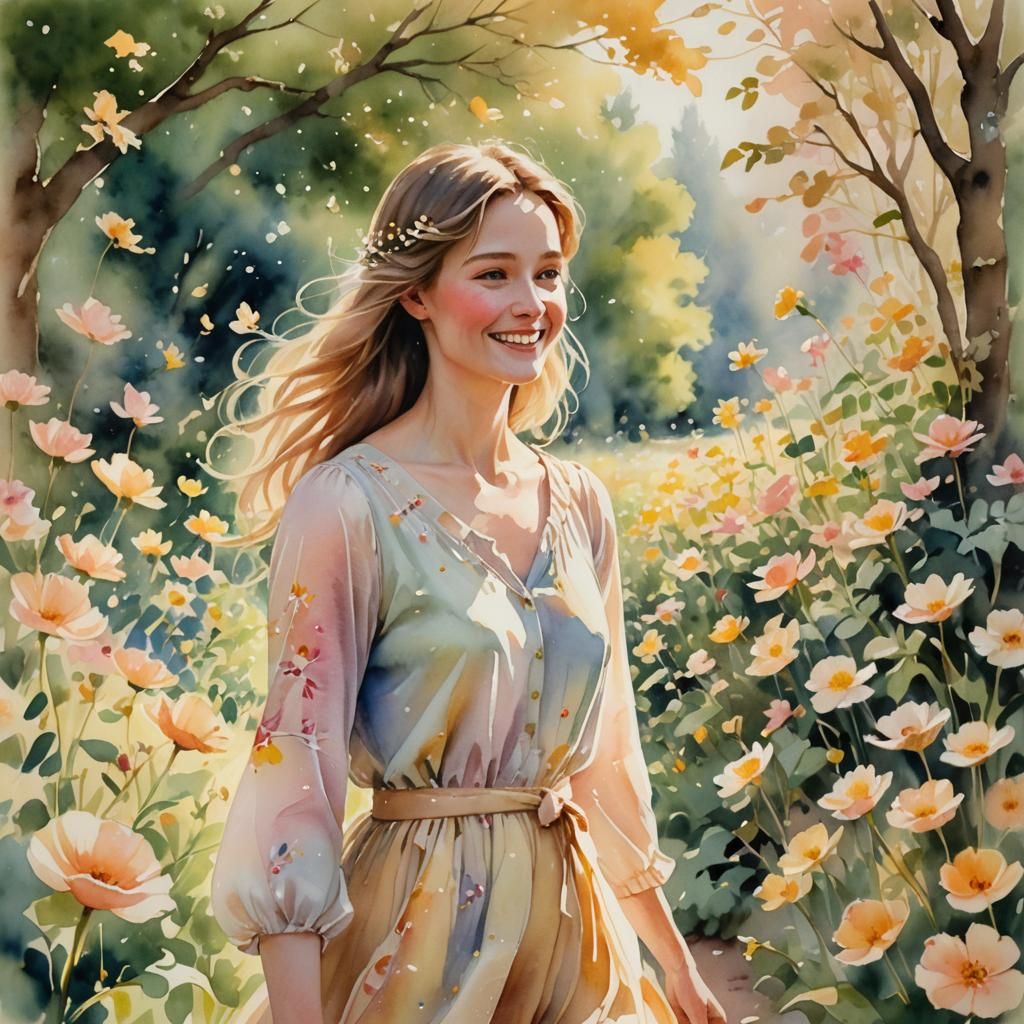 Watercolor Woman in a Blooming Whimsical Garden