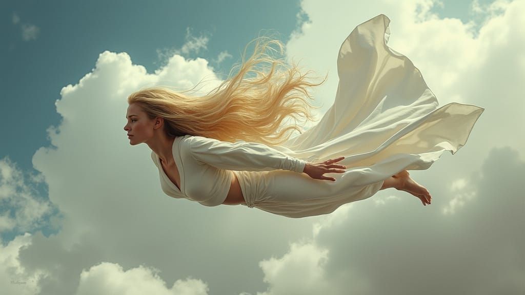 Ethereal Goddess Soars Through Turbulent Skies in Futuristic...