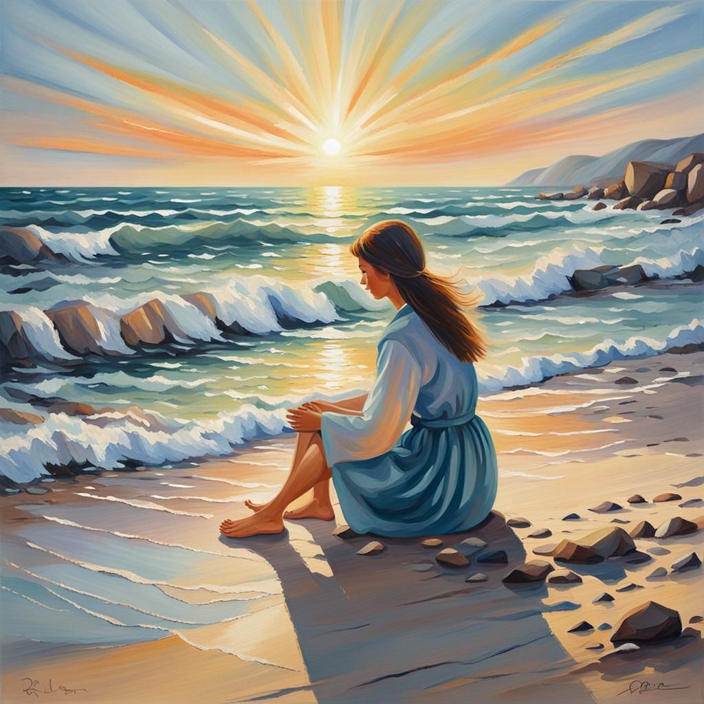A woman sitting on the sea shore in the beams of sun rise, g...