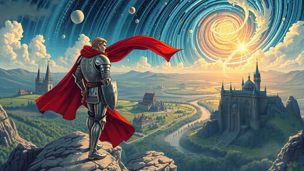 Heroic Knight Overlooking Kingdom in Cosmic Sky