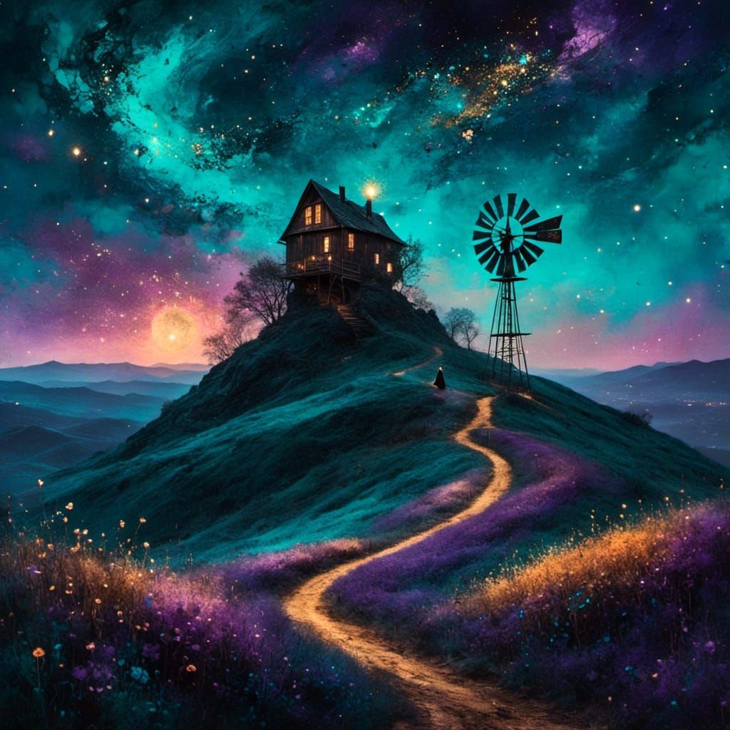 Midnight Farm Under Galaxy Sky in Magical Realism