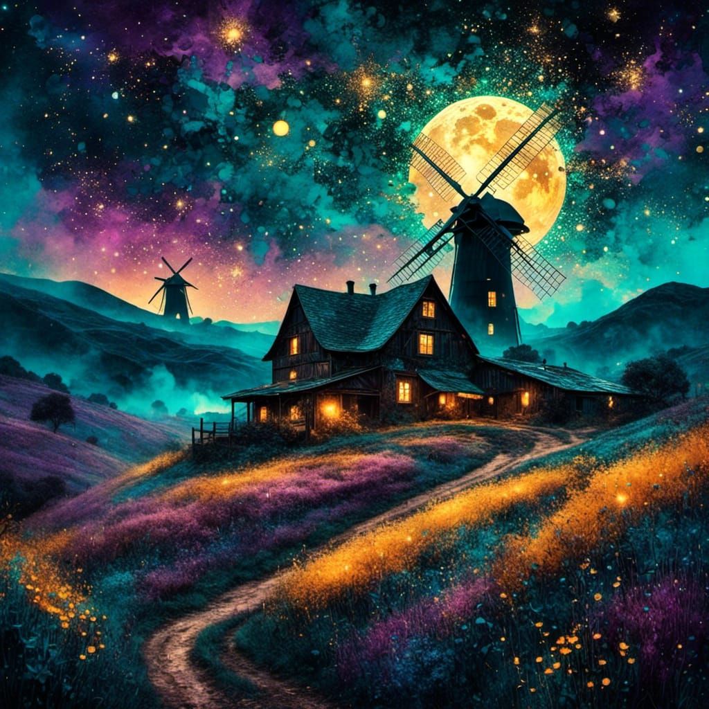 Dreamy Midnight Farm Under Galactic Sky