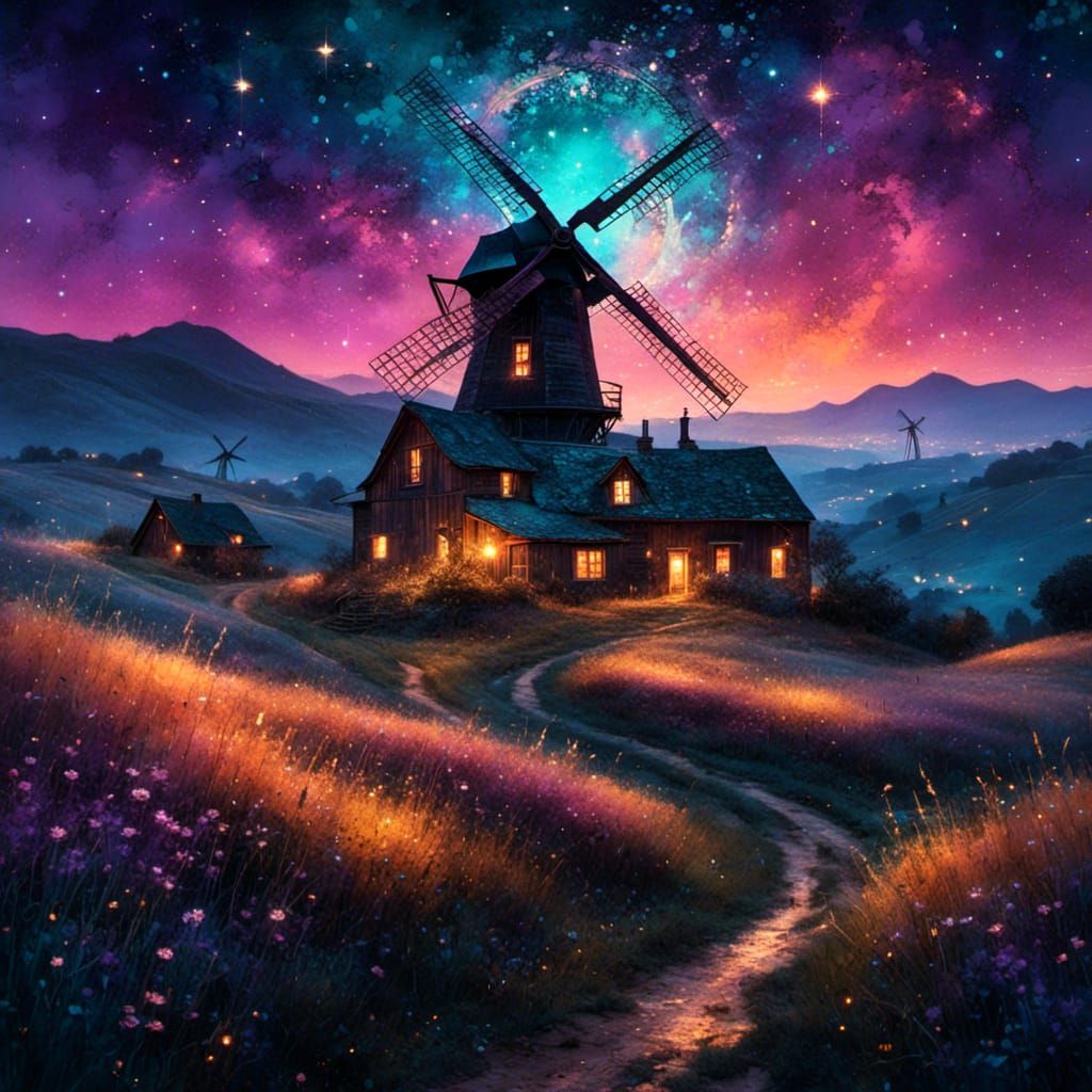 Dreamy Midnight Farm Under Galaxy Sky