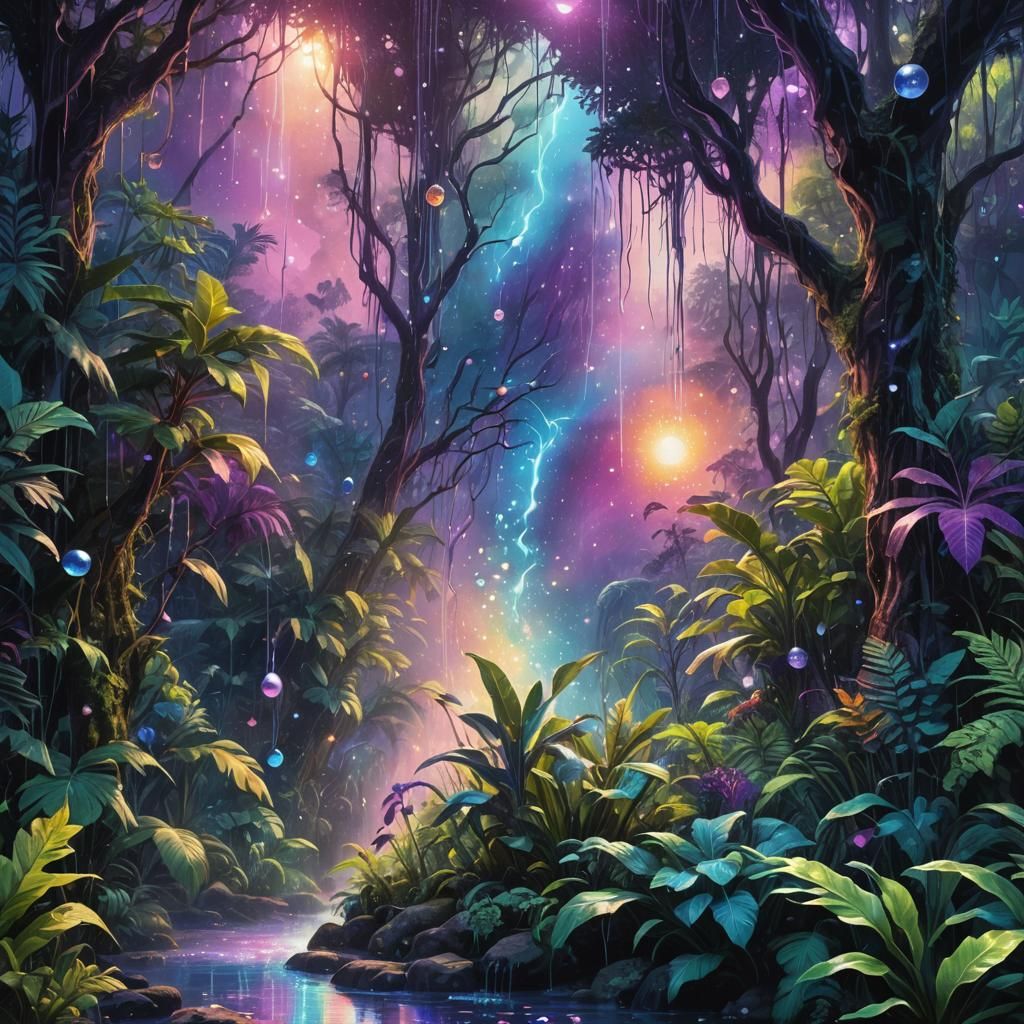 Lush Jungle with Holographic Water Droplets