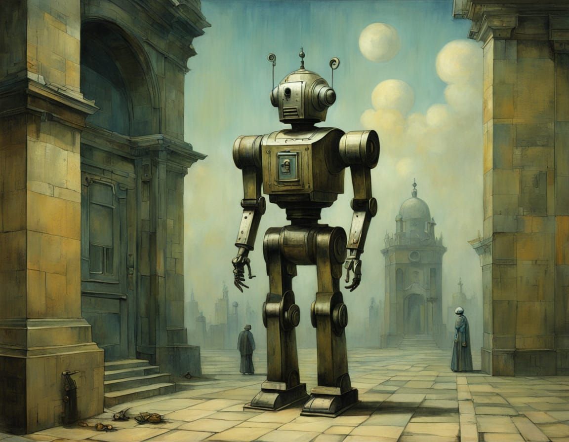 Matte Mausoleum Murals by a Cyberpunk Robot in Deep Patina