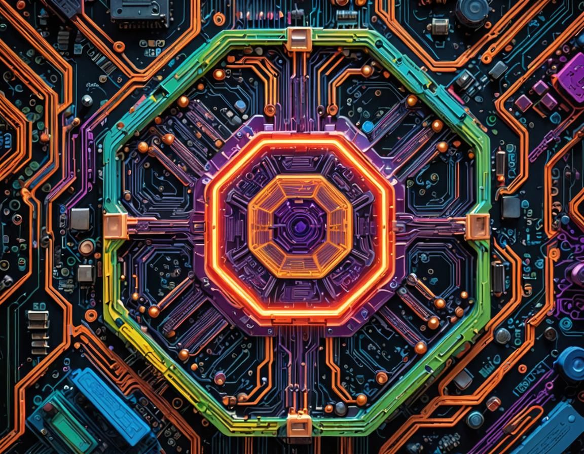 Escher-Inspired Motherboard with Glowing Circuitry