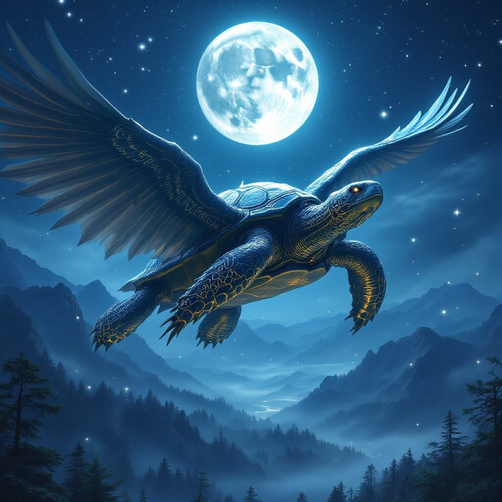 Winged Turtle Soars Through Starry Night Sky