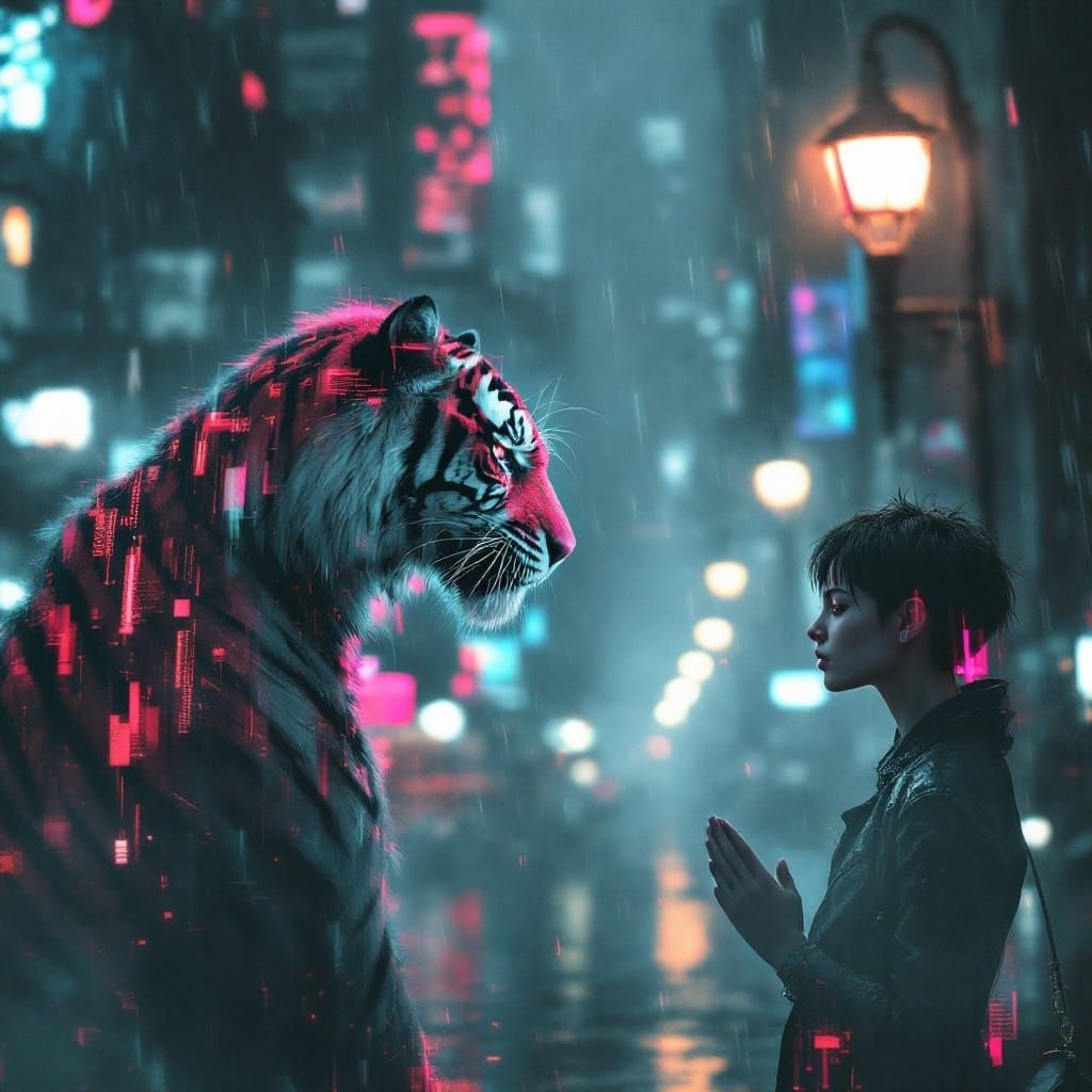 Digital Dreamscape: Woman and Tiger Unite Amidst Cyberpunk S...