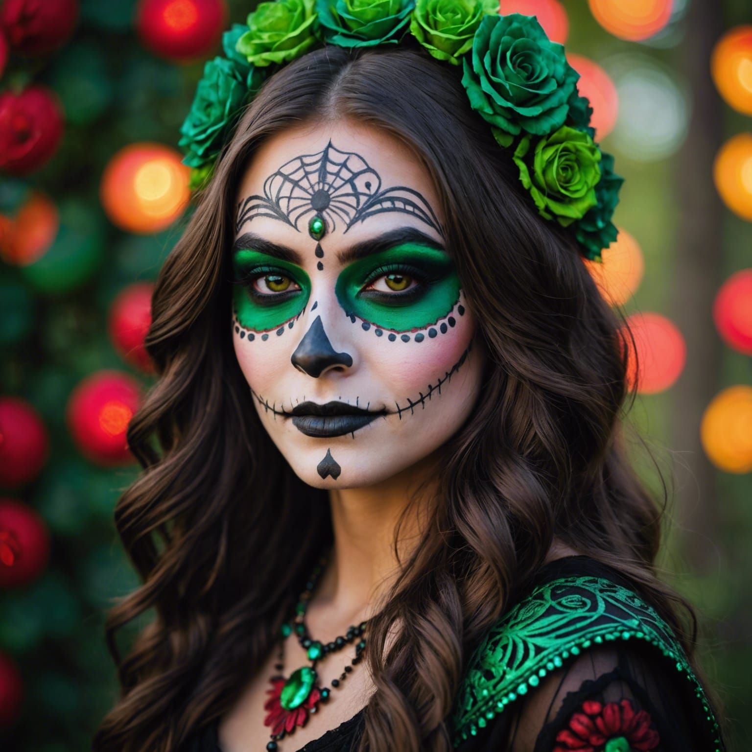 A beautiful woman with her face painted with day of the dead make up