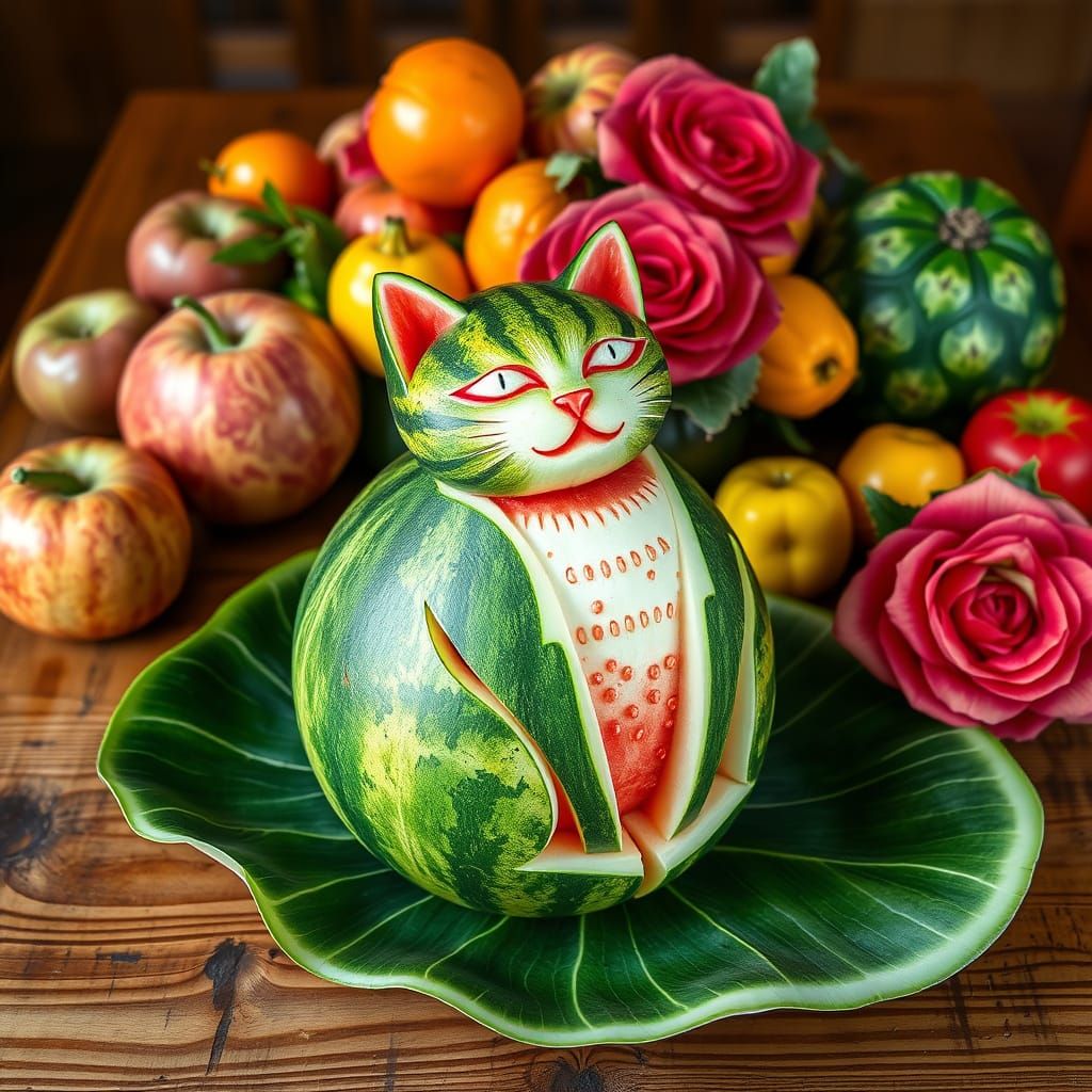 Vibrant Watermelon Art with Intricate Cat Design