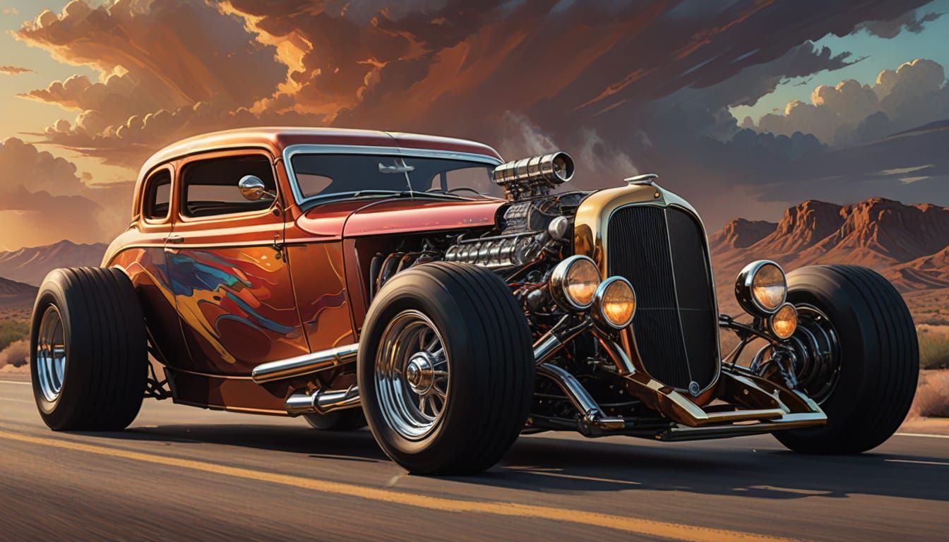 Sleek Hot Rod on Desert Highway in Vibrant Oil Painting