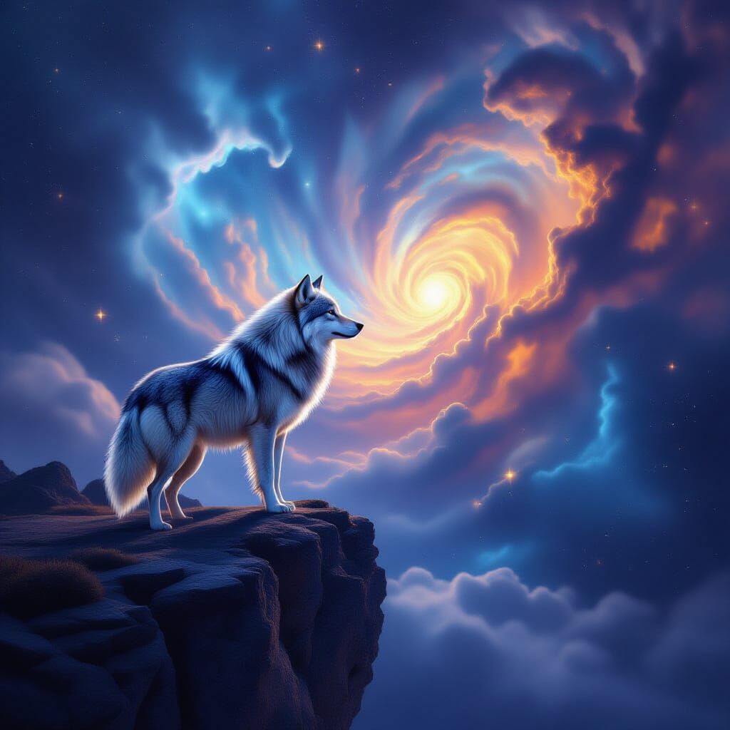 Majestic Moonlit Wolf Overlooking Cosmic Nebula