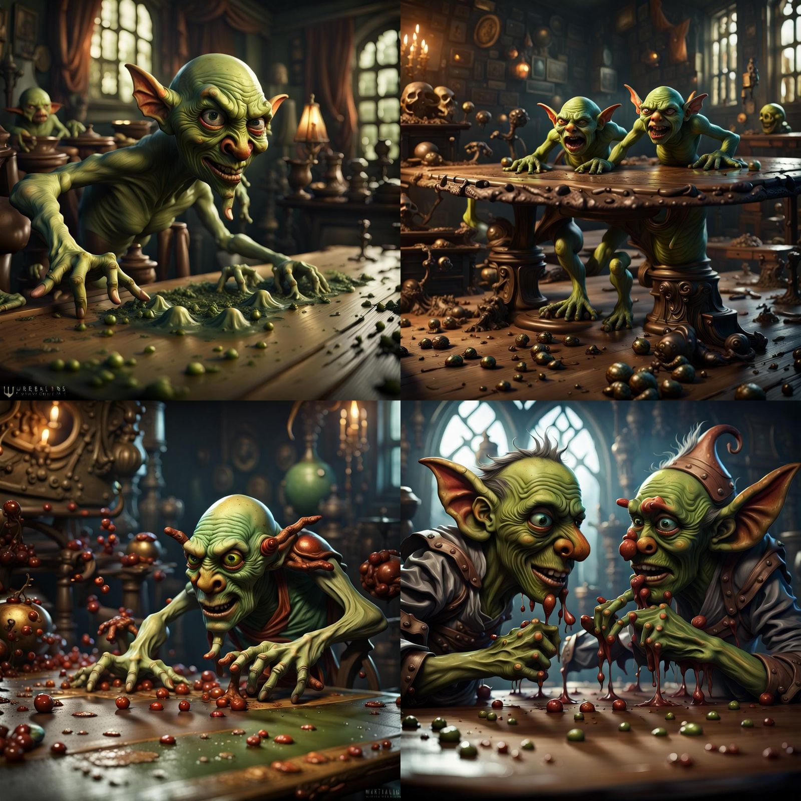 Hyperrealistic Nose Goblins Gathering Underneath Table