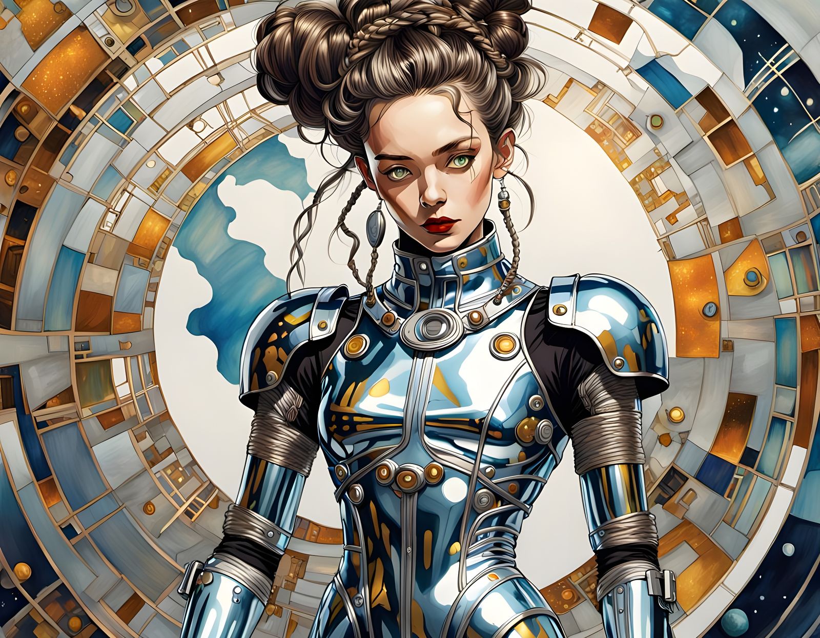 Time Traveler in Chrome Android Suit: Digital Art
