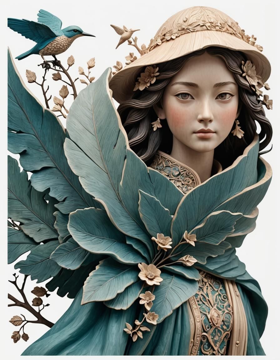 Detailed 3D Carved Wood Sculpture with Volumetric Lighting