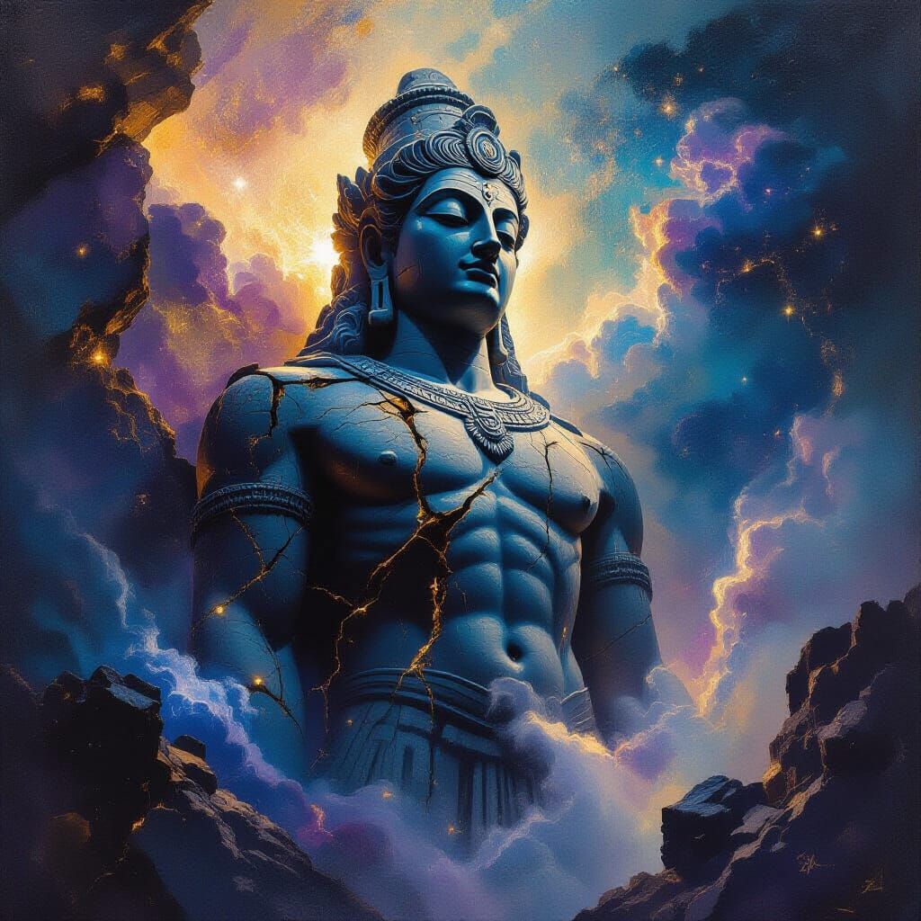 Ancient Deity Statue in Cosmic Nebula Oil Painting